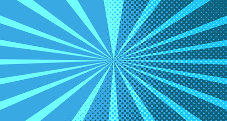 Vintage colorful comic book background. Blue blank bubbles of different shapes. Rays, radial, halftone, dotted effects. For sale banner for your designe 1960s. With copy space eps10.