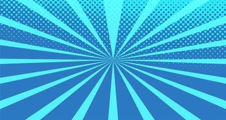 Vintage colorful comic book background. Blue blank bubbles of different shapes. Rays, radial, halftone, dotted effects. For sale banner for your designe 1960s. With copy space eps10.