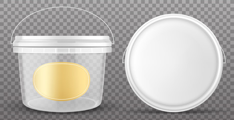 Clear plastic bucket with yellow label and white lid front and top view. Vector mockup of realistic 3d empty container for food, sauce, ice cream isolated on transparent background