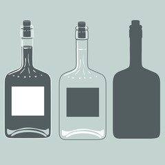 Set of two identical transparent and dark glass cognac bottles, as well as their stencil, clip art on a gray isolated background in vintage style