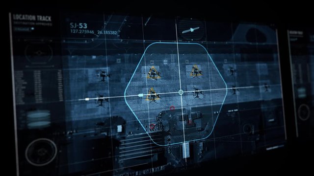 Satellite Camera Grid on Monitor Screen is Tracking the Aircraft Carrier on Map