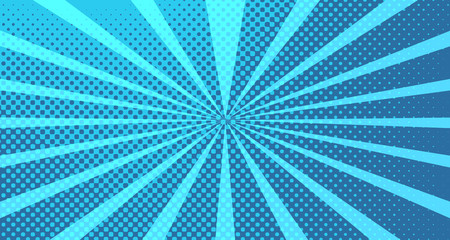 Obraz premium Vintage colorful comic book background. Blue blank bubbles of different shapes. Rays, radial, halftone, dotted effects. For sale banner for your designe 1960s. With copy space eps10.