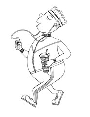 athlete Jogging with the player and a coffee in his hands, a picture of a fat man goes in for sports
