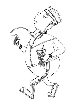 athlete Jogging with the player and a coffee in his hands, a picture of a fat man goes in for sports