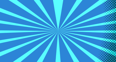 Vintage colorful comic book background. Blue blank bubbles of different shapes. Rays, radial, halftone, dotted effects. For sale banner for your designe 1960s. With copy space eps10.