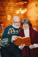 An elegant old couple in a Christmas studio. Grandparents in a cute sweaters. Family reading a book