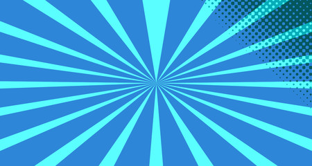 Vintage colorful comic book background. Blue blank bubbles of different shapes. Rays, radial, halftone, dotted effects. For sale banner for your designe 1960s. With copy space eps10.