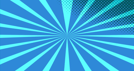 Vintage colorful comic book background. Blue blank bubbles of different shapes. Rays, radial, halftone, dotted effects. For sale banner for your designe 1960s. With copy space eps10.