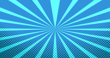 Vintage colorful comic book background. Blue blank bubbles of different shapes. Rays, radial, halftone, dotted effects. For sale banner for your designe 1960s. With copy space eps10.