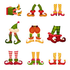 Christmas Elf Feet. Dwarf Legs Wearing Funny Striped Socks and Boots
