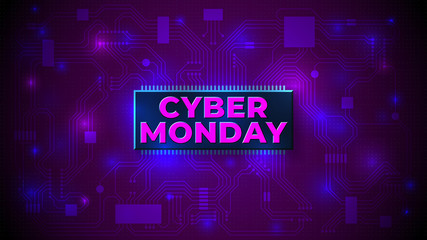 Bright cyber monday banner. Cyber monday sale flyer. Special offer price sign. Modern vector design promotion poster, web banner. Technology neon background