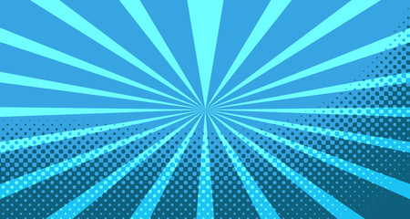 Vintage colorful comic book background. Blue blank bubbles of different shapes. Rays, radial, halftone, dotted effects. For sale banner for your designe 1960s. With copy space eps10.