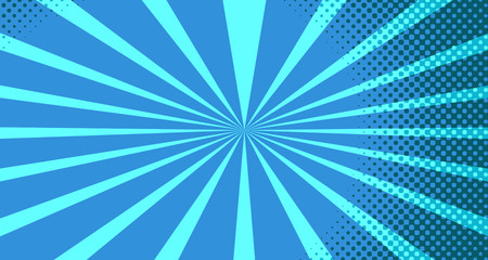 Vintage colorful comic book background. Blue blank bubbles of different shapes. Rays, radial, halftone, dotted effects. For sale banner for your designe 1960s. With copy space eps10.