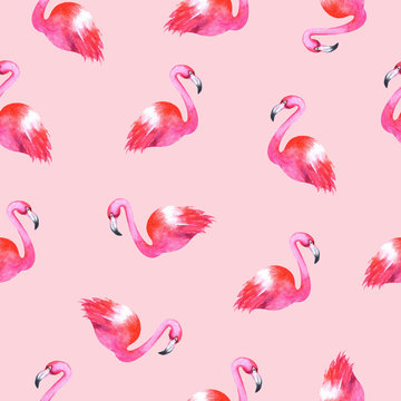 Flamingo watercolor seamless pattern on pink background. Hand drawn illustration. Colorfull bright summer seamless background for textile, print and banners.