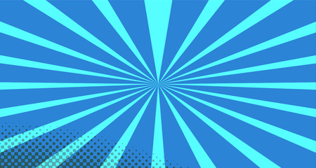 Vintage colorful comic book background. Blue blank bubbles of different shapes. Rays, radial, halftone, dotted effects. For sale banner for your designe 1960s. With copy space eps10.