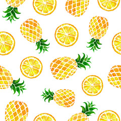 Hand drawn seamless pattern with watercolor pineapples and lemons solated on white background. Colorfull summer seamless background for textile, print and banners. Healthy food concept
