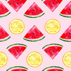 Seamless pattern with watercolor slices of watermelon, lemon in bright summer colors. Hand painted exotic fruits. Background for fabric textile, banners, print