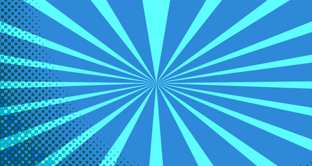 Vintage colorful comic book background. Blue blank bubbles of different shapes. Rays, radial, halftone, dotted effects. For sale banner for your designe 1960s. With copy space eps10.