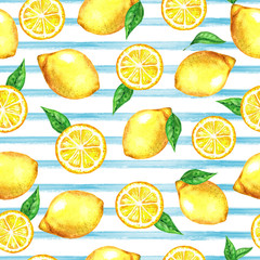 watercolor seamless pattern with lemons on blue color striped background. Colorfull briht summer seamless background for textile, wallpapers, print and banners. Healthy food concept.