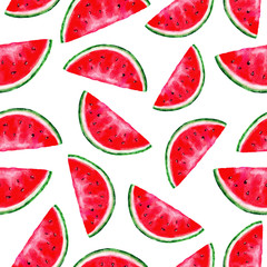 Watercolor watermelon slices seamless pattern on white background in bright summer colors. Hand painted illustration. Background for fabric textile, banners, print