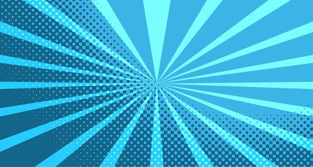 Obraz premium Vintage colorful comic book background. Blue blank bubbles of different shapes. Rays, radial, halftone, dotted effects. For sale banner for your designe 1960s. With copy space eps10.