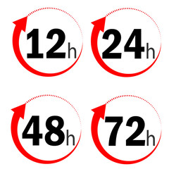 12, 24, 48 and 72 hours clock arrow icon on white background. flat style. delivery service time icons for your web site design, logo, app, UI. work time effect symbol. clock arrow sign.