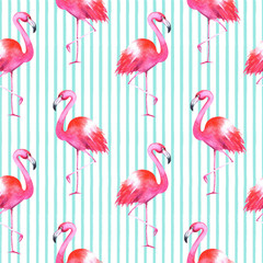 Hand drawn watercolor flamingos and stripes seamless pattern on white background. Summer bright illustration. Perfect for fabric textile, banners, print