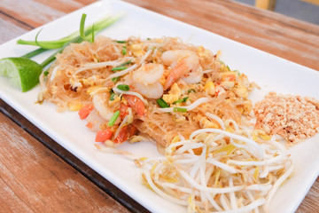 Padthai, stir-fried rice noodles with egg, vegetable and shrimp