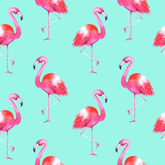 Hand drawn watercolor flamingos seamless pattern on blue background. Summer bright illustration. Perfect for fabric textile, banners, print