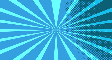 Vintage colorful comic book background. Blue blank bubbles of different shapes. Rays, radial, halftone, dotted effects. For sale banner for your designe 1960s. With copy space eps10.