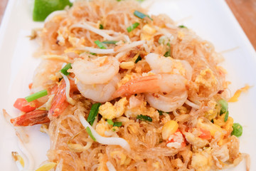 Padthai, stir-fried rice noodles with egg, vegetable and shrimp