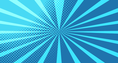 Vintage colorful comic book background. Blue blank bubbles of different shapes. Rays, radial, halftone, dotted effects. For sale banner for your designe 1960s. With copy space eps10.