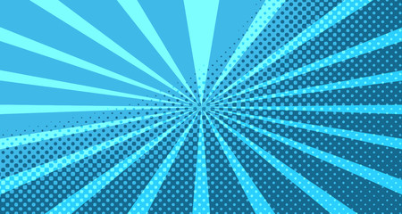 Vintage colorful comic book background. Blue blank bubbles of different shapes. Rays, radial, halftone, dotted effects. For sale banner for your designe 1960s. With copy space eps10.