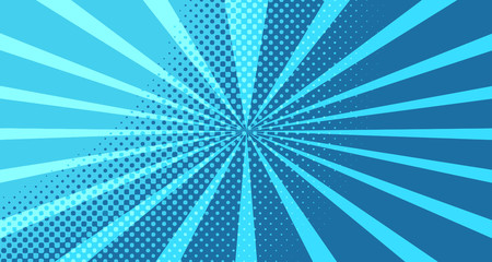 Vintage colorful comic book background. Blue blank bubbles of different shapes. Rays, radial, halftone, dotted effects. For sale banner for your designe 1960s. With copy space eps10.