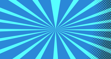 Vintage colorful comic book background. Blue blank bubbles of different shapes. Rays, radial, halftone, dotted effects. For sale banner for your designe 1960s. With copy space eps10.