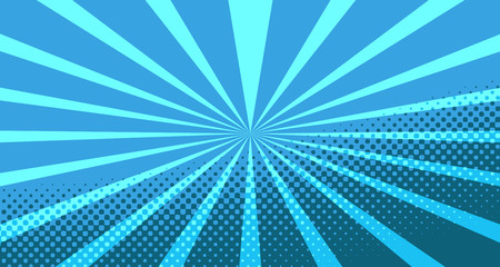 Vintage colorful comic book background. Blue blank bubbles of different shapes. Rays, radial, halftone, dotted effects. For sale banner for your designe 1960s. With copy space eps10.
