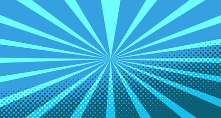 Vintage colorful comic book background. Blue blank bubbles of different shapes. Rays, radial, halftone, dotted effects. For sale banner for your designe 1960s. With copy space eps10.