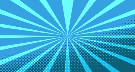 Vintage colorful comic book background. Blue blank bubbles of different shapes. Rays, radial, halftone, dotted effects. For sale banner for your designe 1960s. With copy space eps10.