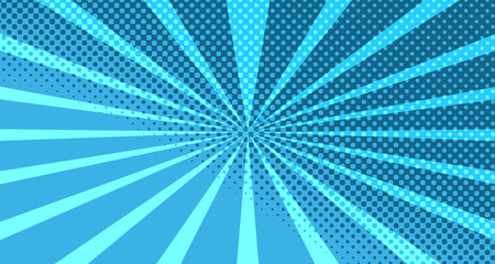 Vintage colorful comic book background. Blue blank bubbles of different shapes. Rays, radial, halftone, dotted effects. For sale banner for your designe 1960s. With copy space eps10.