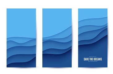 Three abstract vertical flyer collection in cut paper style. Set of cutout blue sea wave template for for save the Earth posters World Water Day eco brochures. Vector water applique card illustration.
