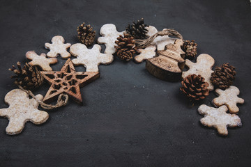Christmas gingerbread cookies and wooden Christmas tree toys