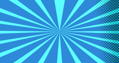 Vintage colorful comic book background. Blue blank bubbles of different shapes. Rays, radial, halftone, dotted effects. For sale banner for your designe 1960s. With copy space eps10.