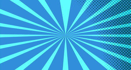 Vintage colorful comic book background. Blue blank bubbles of different shapes. Rays, radial, halftone, dotted effects. For sale banner for your designe 1960s. With copy space eps10.