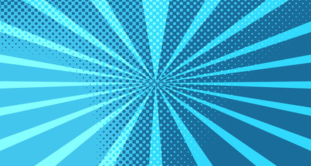 Vintage colorful comic book background. Blue blank bubbles of different shapes. Rays, radial, halftone, dotted effects. For sale banner for your designe 1960s. With copy space eps10.