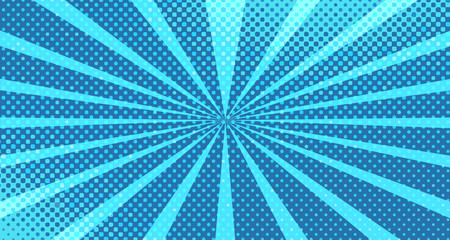 Vintage colorful comic book background. Blue blank bubbles of different shapes. Rays, radial, halftone, dotted effects. For sale banner for your designe 1960s. With copy space eps10.
