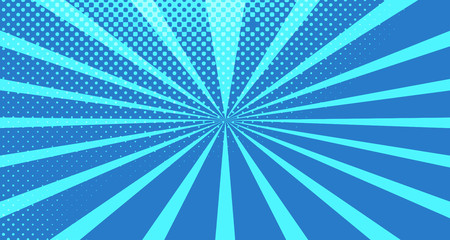 Vintage colorful comic book background. Blue blank bubbles of different shapes. Rays, radial, halftone, dotted effects. For sale banner for your designe 1960s. With copy space eps10.