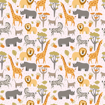 Seamless Pattern with african animals in the pink backdrop