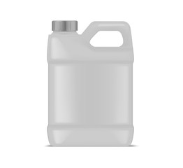 Blank plastic canister with handle isolated on white background, realistic illustration. Jerrycan for liquid product packaging, vector mockup