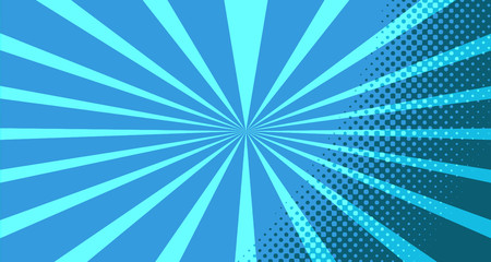 Vintage colorful comic book background. Blue blank bubbles of different shapes. Rays, radial, halftone, dotted effects. For sale banner for your designe 1960s. With copy space eps10.