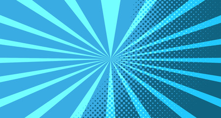 Vintage colorful comic book background. Blue blank bubbles of different shapes. Rays, radial, halftone, dotted effects. For sale banner for your designe 1960s. With copy space eps10.